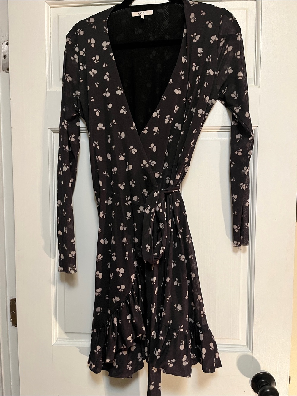 Ganni Black Dress with Pale Pink Floral Print